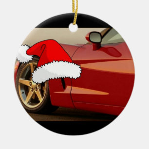 Ornement Rond En Céramique Corvette rouge de Noël