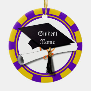 Ornement Rond En Céramique Couleurs de l'école de graduation violet et or (ZO