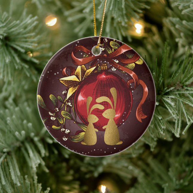 Ornement Rond En Céramique Couple lapin personnalisé n'Mistletoe Noël (Arbre)