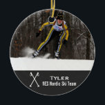 Ornement Rond En Céramique Coutume Nordic Cross Country Skiing Photo Collage<br><div class="desc">Ce montage photo nordique de ski de fond comprend votre photo(s) et 2 lignes de texte personnalisé - ajoutez le nom de votre équipe de ski et/ou le nom du skieur. Des bâtons de ski traversés en cendres complètent le design. Idéal pour un cadeau de fin de saison "all team"...</div>
