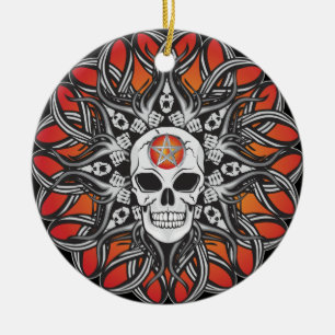 Ornement Rond En Céramique Crâne de Goth - orange