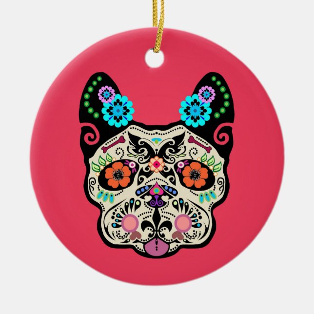 Ornement Rond En Céramique Crâne Frenchie - rose de sucre (Devant)