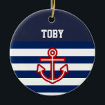 Ornement Rond En Céramique Custom Nautical Navy White Stripes<br><div class="desc">Gorgeous timeless nautical sailor style design with anchor. Suitable for kids bedroom decor. Customizable in Zazzle with your own text for a personalized design. Check out my store for matching items!</div>