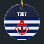 Ornement Rond En Céramique Custom Nautical Navy White Stripes<br><div class="desc">Gorgeous timeless nautical sailor style design with anchor. Suitable for kids bedroom decor. Customizable in Zazzle with your own text for a personalized design. Check out my store for matching items!</div>