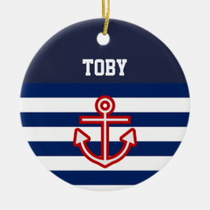 Ornement Rond En Céramique Custom Nautical Navy White Stripes