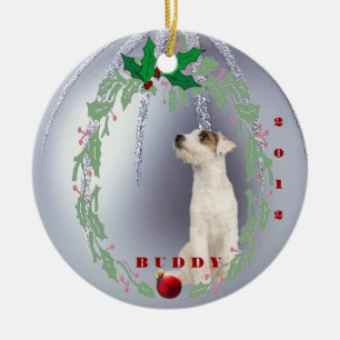Ornement Rond En Céramique Customisez-le - le ęr Noël de Jack Russell Puppy