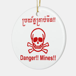 Ornement Rond En Céramique Danger ! ! Les mines ! ! SYMBOLE ☠ Cambodgien Khme