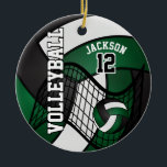 Ornement Rond En Céramique 🏐 de volley-ball vert foncé, blanc et noir<br><div class="desc">🥇 UN DESIGN D'ART ORIGINAL DE DROIT D'AUTEUR DE Donna Siegrist SEULEMENT DISPONIBLE SUR ZAZZLE! Joueur de volleyball Sport Ornement de Noël. Impressionnez votre joueur de volley-ball avec ce nom do-it-yourself conçu dans un design foncé VERT, BLANC ET NOIR. Un grand cadeau pour n'importe quel joueur de volley-ball, ventilateur de...</div>