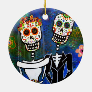 ORNEMENT ROND EN CÉRAMIQUE DIA DE LOS MUERTOS WEDDING