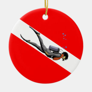 Ornement Rond En Céramique Diver Et Drapeau De Plongée