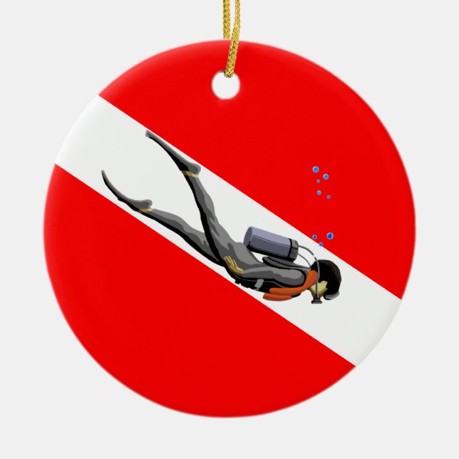 Ornement Rond En Céramique Diver Et Drapeau De Plongée (Devant)