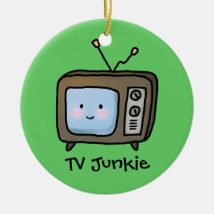 Ornement Rond En Céramique Doodle amusant de junkie TV rétro mignon