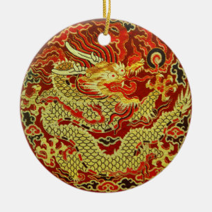 Ornement Rond En Céramique Dragon asiatique d'or brodé sur rouge foncé