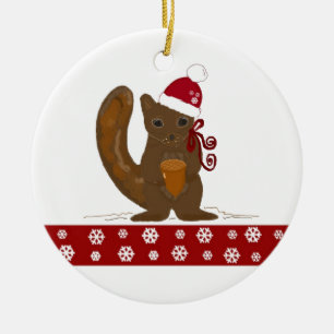 Ornement Rond En Céramique Écureuil de Noël avec bordure de flocons de neige