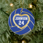 Ornement Rond En Céramique Elégant Bleu foncé et Volley Or<br><div class="desc">do-it-yourself Personnalisez l'ornement de volley-ball avec votre nom et votre numéro. REMARQUE : SEULEMENT CHANGER LES ZONES MODÈLES NÉCESSAIRES! 😀 Si nécessaire, vous pouvez supprimer le texte et commencer à ajouter le texte et la police que vous voulez. 📌 Si vous avez besoin d'une personnalisation plus poussée, cliquez sur le...</div>