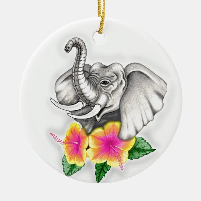 Ornement Rond En Céramique Eléphant avec Hibiscus Design (Devant)