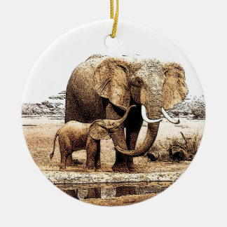 Ornement Rond En Céramique Eléphant & Bébé Eléphant