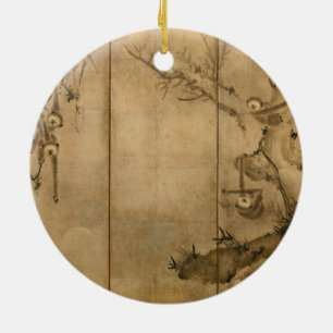 Ornement Rond En Céramique Encre japonaise sur papier Gibbons Primates & Pays