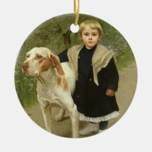 Ornement Rond En Céramique Enfant en bas âge et un grand chien (huile sur la
