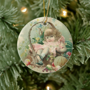 Ornement Rond En Céramique Enfant victorien vintage, Panier de fruits de prin