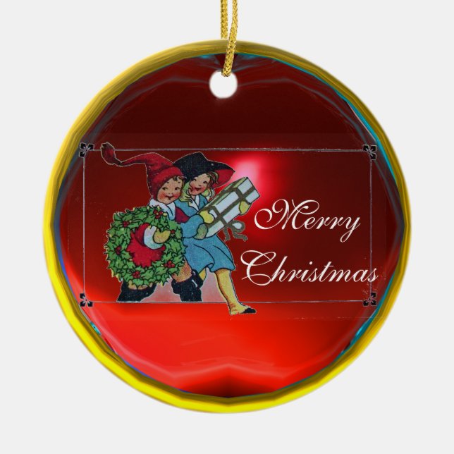 ORNEMENT ROND EN CÉRAMIQUE ENFANTS AVEC CADEAUX DE NOËL (Devant)