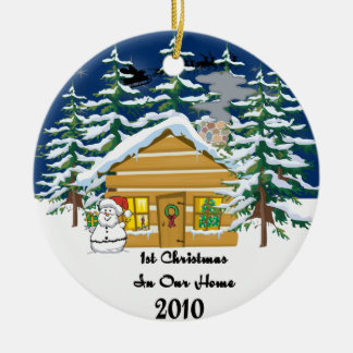 Ornement Rond En Céramique ęr Cabine de rondin mignon de Noël 2010