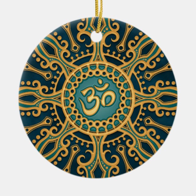 Ornement Rond En Céramique Étoile bleue d'or d'Aum (Devant)