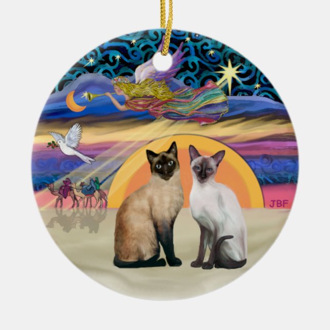 Ornement Rond En Céramique Étoile de Noël - Deux chats siamois (Devant)