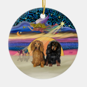 Ornement Rond En Céramique Étoile de Noël - Deux Dachshunds à poil long