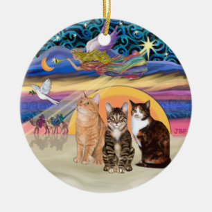Ornement Rond En Céramique Étoile de Noël - Trois chats (AmSH)