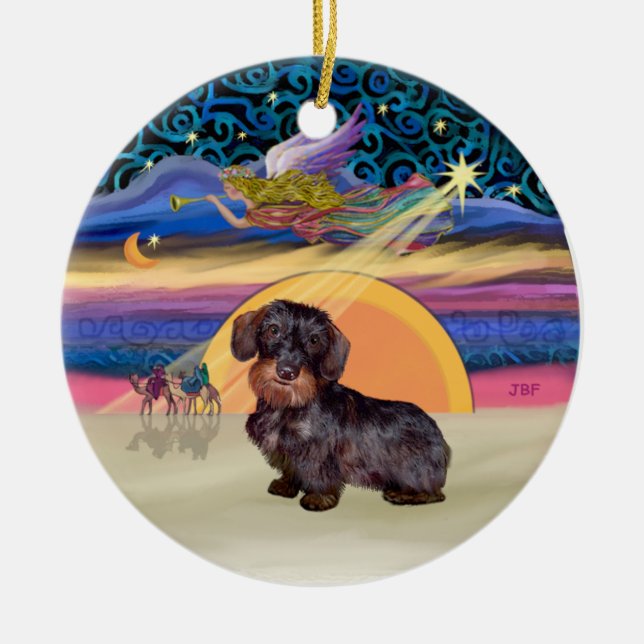 Ornement Rond En Céramique Étoile de Noël - Wire Haired Dachshund (Devant)