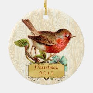 Ornement Rond En Céramique Famille de Noël Photo Bird Russet Aqua Vintage