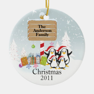 Ornement Rond En Céramique Famille mignonne de pingouins d'ornement de Noël 4