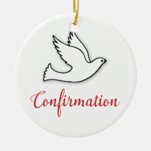 Ornement Rond En Céramique Félicitations Confirmation Colombe avec Or, Rouge