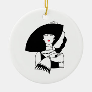 Ornement Rond En Céramique Femme Art Déco au grand chapeau gants RL