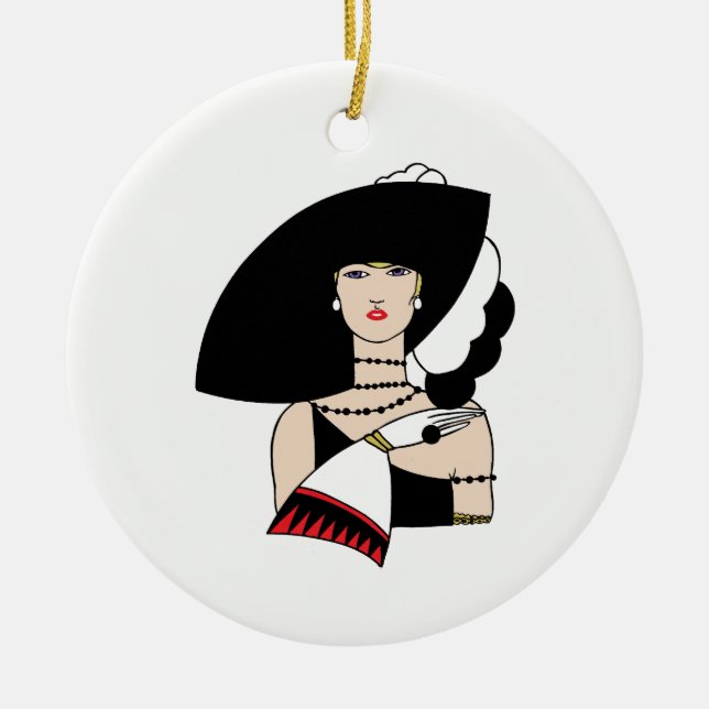 Ornement Rond En Céramique Femme Art Déco Vintage portant un chapeau des gant (Devant)