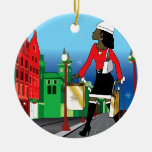 Ornement Rond En Céramique Femme faisant des achats de Noël avec des sacs hab
