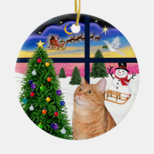 Ornement Rond En Céramique Fenêtre de Noël - Chat à onglets orange