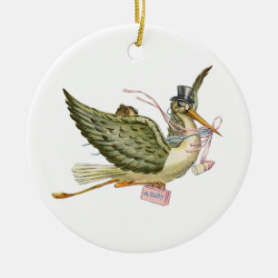 Ornement Rond En Céramique FÊTE DE BÉBÉ FILLE CIGOGNE MONOGRAMME Rouge Rubis