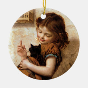 Ornement Rond En Céramique Fille, chat de Kitty et oiseau - peinture vintage