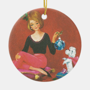 Ornement Rond En Céramique Fille De Noël Vintage Avec Poodle Français