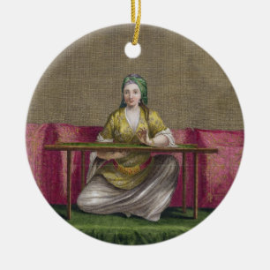 Ornement Rond En Céramique Fille turque, brodant, XVIIIème siècle (engravin