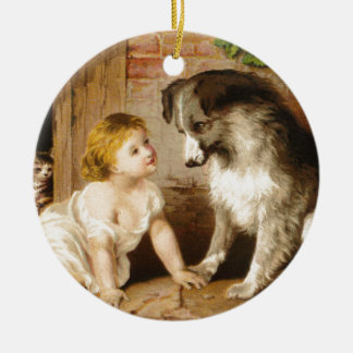 Ornement Rond En Céramique Fille victorienne et son chien