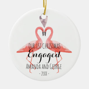 Ornement Rond En Céramique Flamants engagés ou mariés de premier Noël