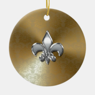 Ornement Rond En Céramique Fleur-De-Lis Argent sur Damas Or