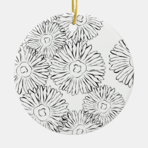 Ornement Rond En Céramique Fleurs abstraites de printemps noir et blanc