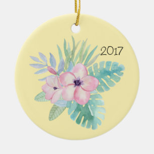 Ornement Rond En Céramique Fleurs aquarelles roses avec feuilles