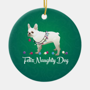 Ornement Rond En Céramique French Bulldog Feliz Naughty Dog Christmas