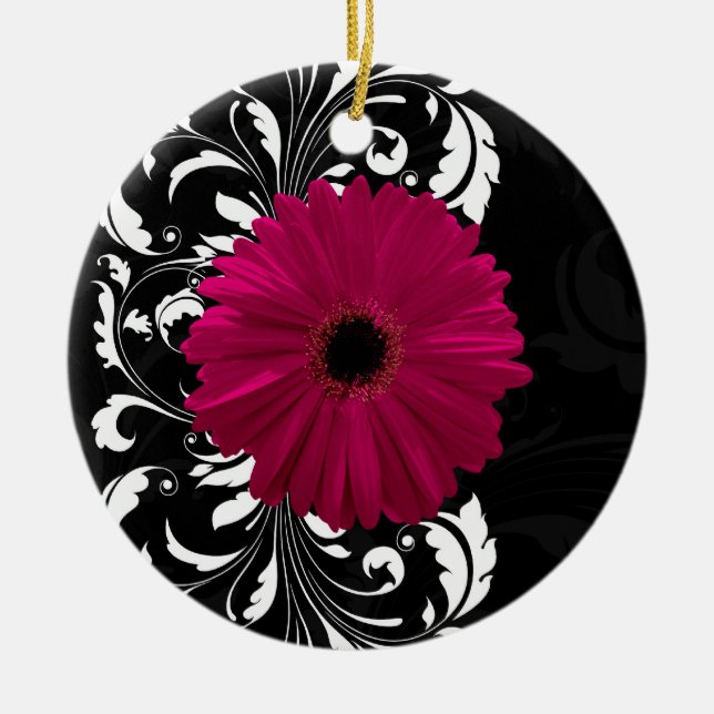 Ornement Rond En Céramique Fuchsia Scroll Gerbera Daisy avec noir et blanc (Devant)