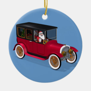 Ornement Rond En Céramique Funny Père Noël Dans La Limousine Vintage Rouge